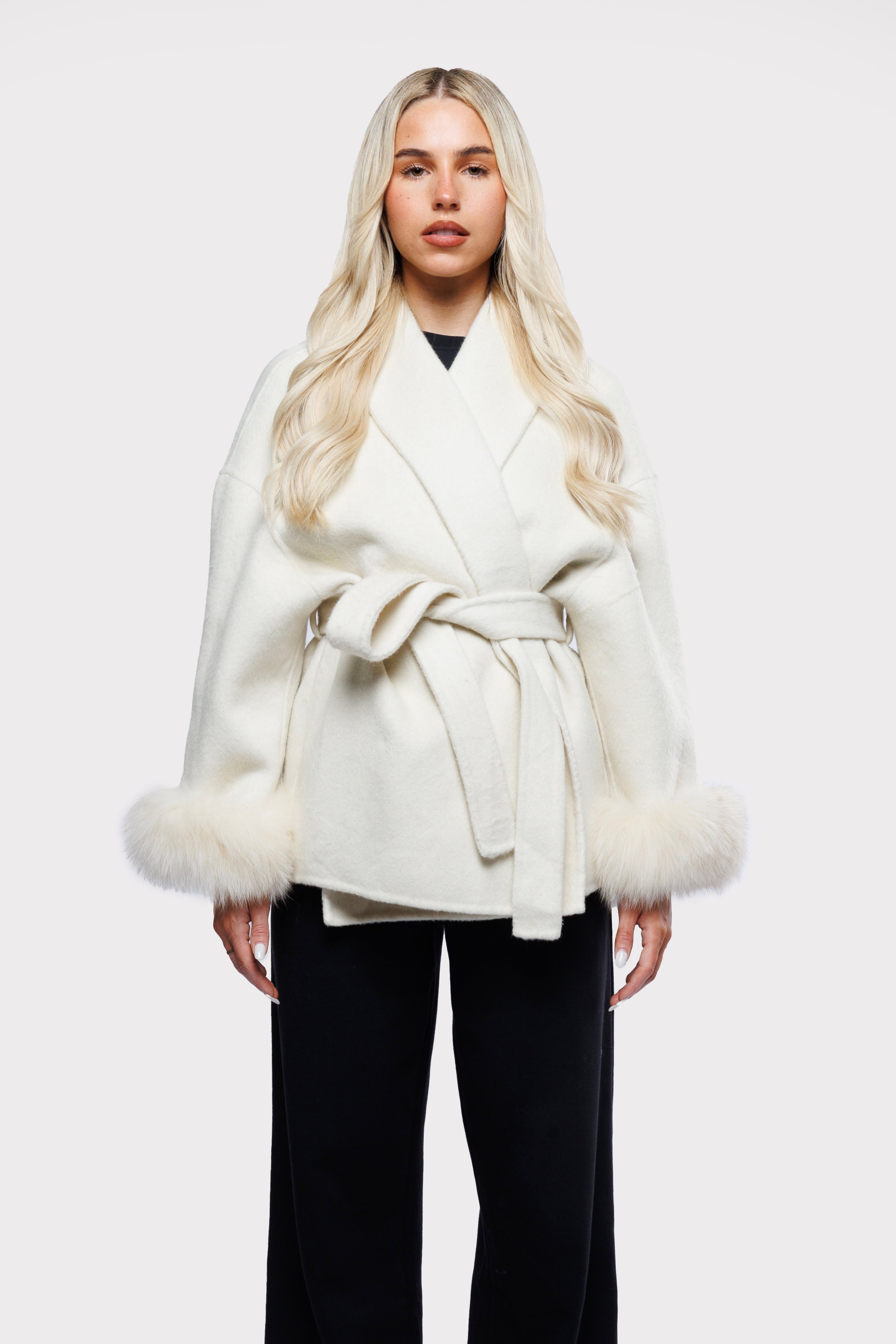 Premium Merino Wool Fur Sleeve White Jacket