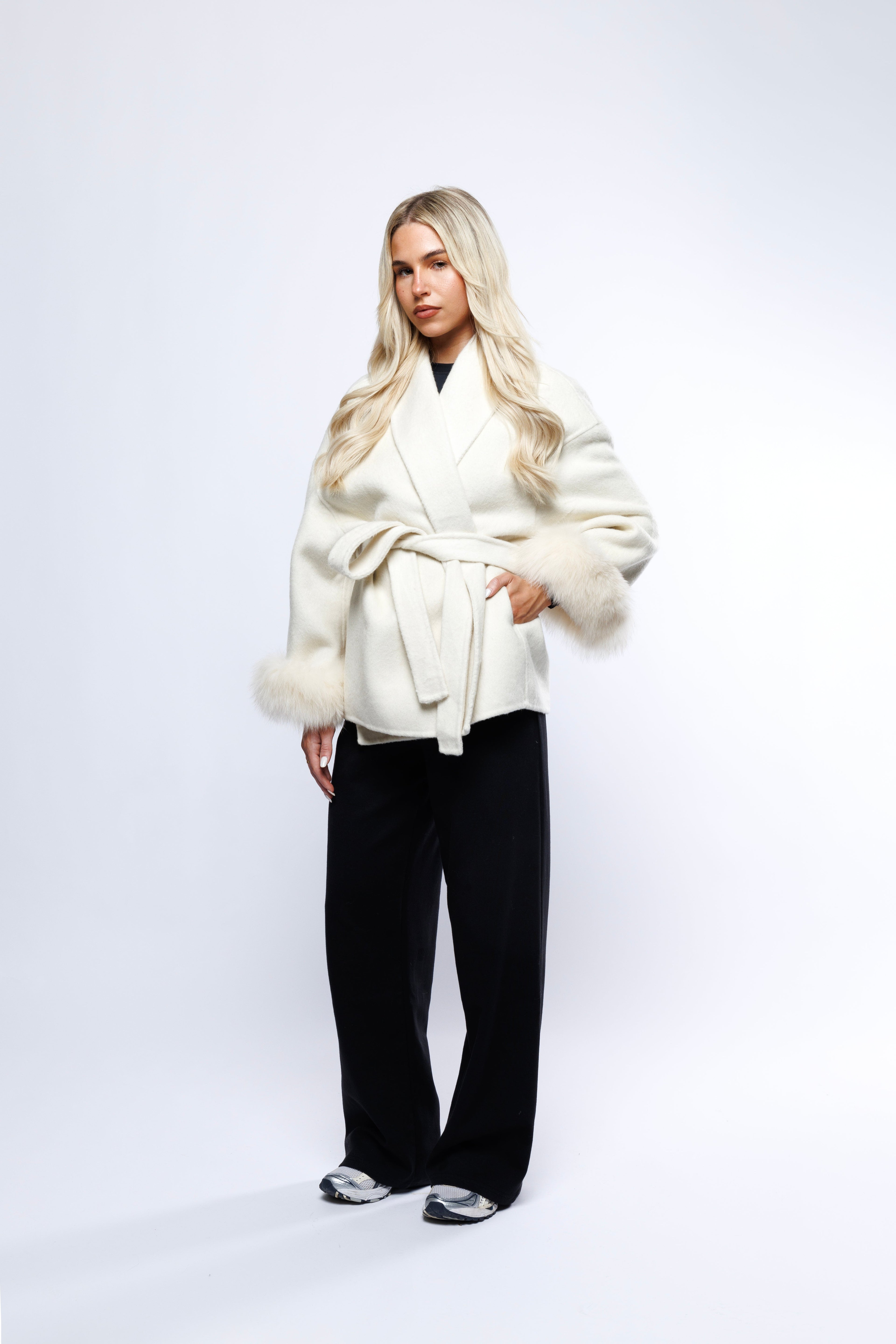 Premium Merino Wool Fur Sleeve White Jacket