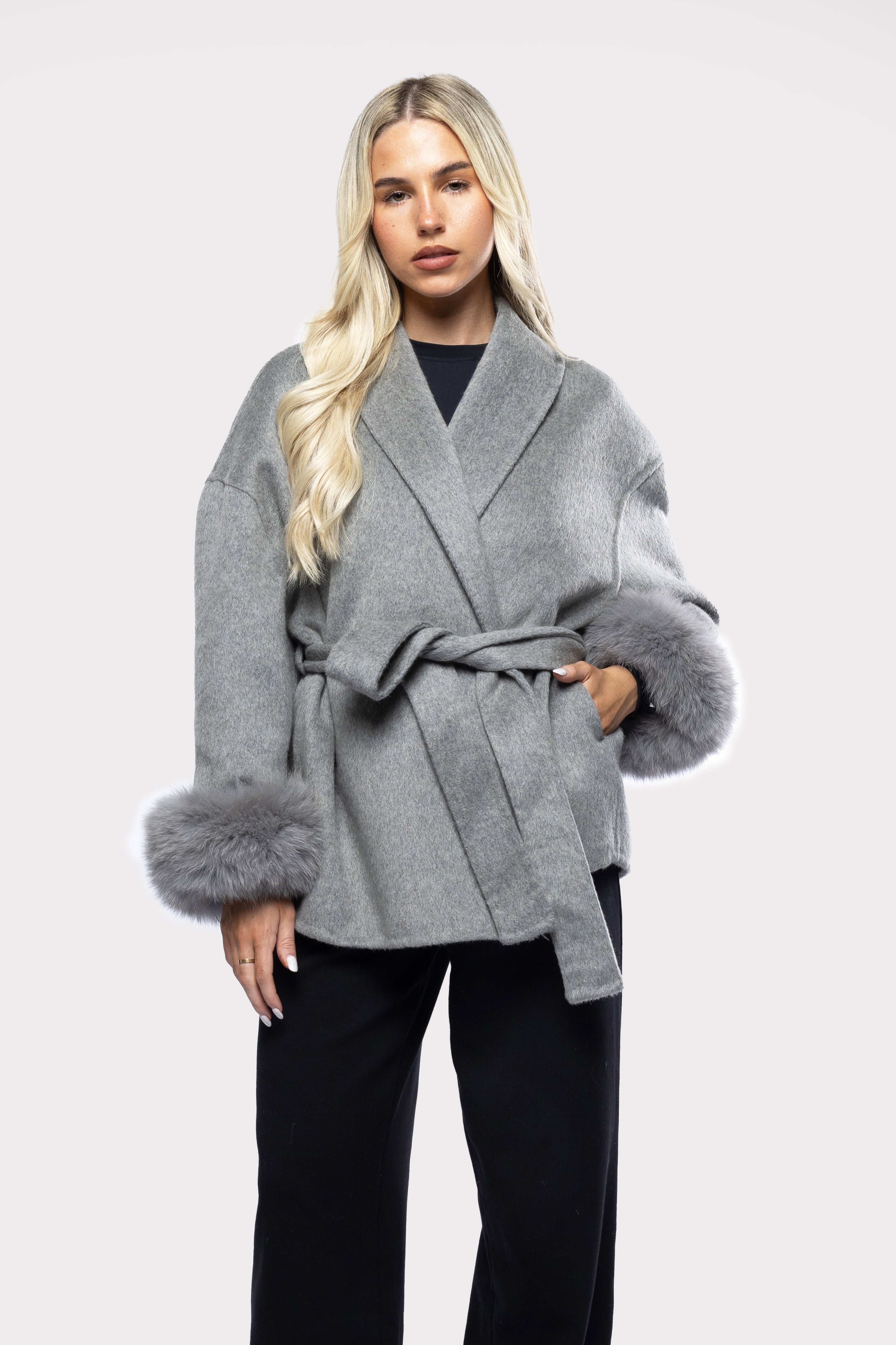Premium Merino Wool Fur Sleeve Gray Jacket