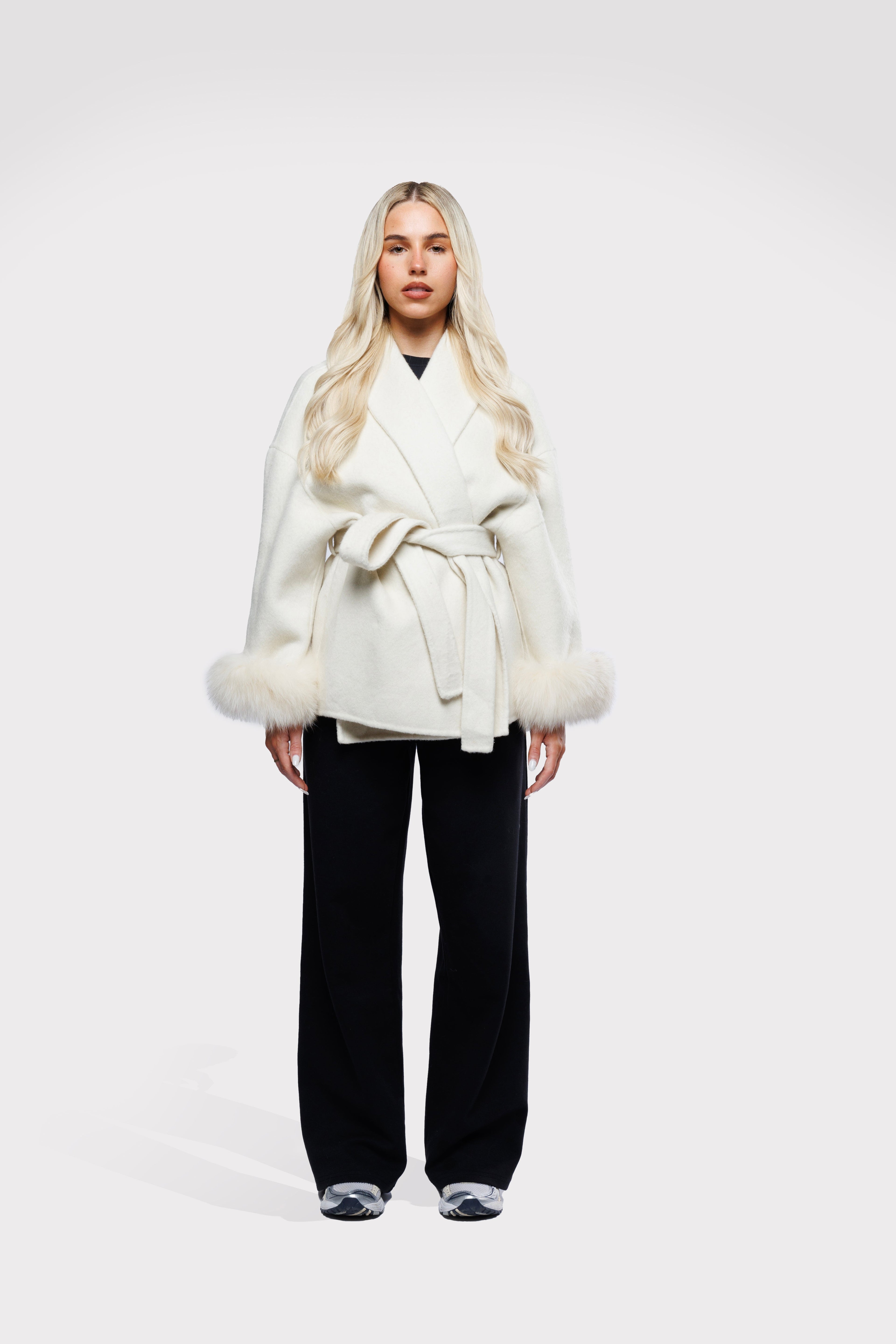 Premium Merino Wool Fur Sleeve White Jacket
