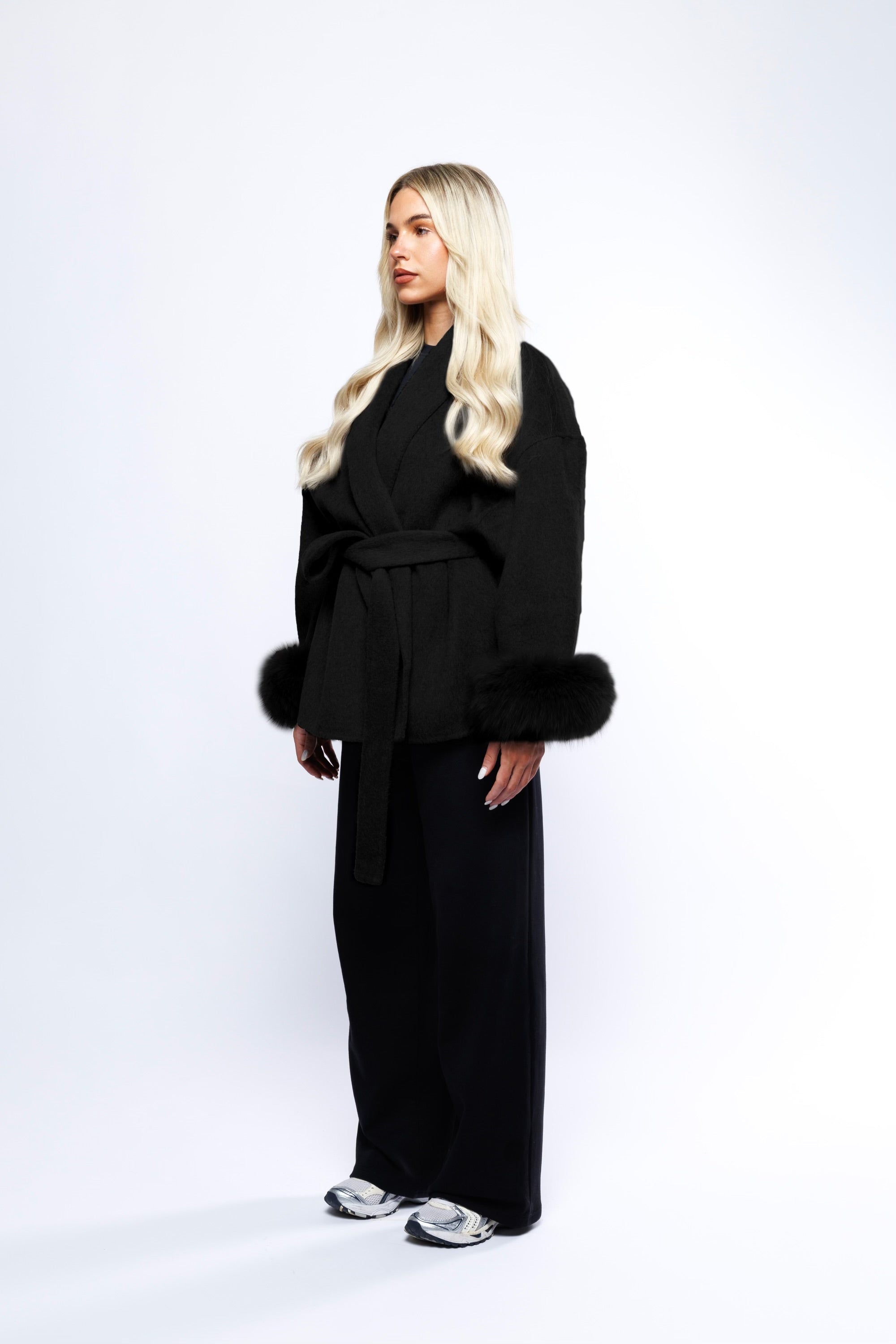 Thick Wool Fur Sleeve Black Jacket