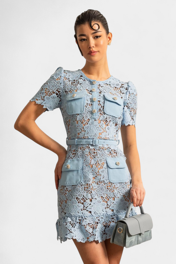 Short Sleeve Embroidered Floral Dress - Blue